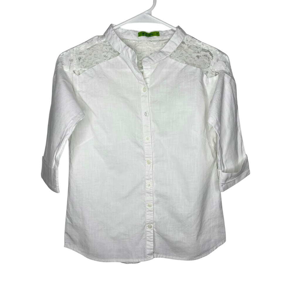 Live Free Womens White Linen Lace Shoulder 3/4 Sleeve Button Down Shirt Medium